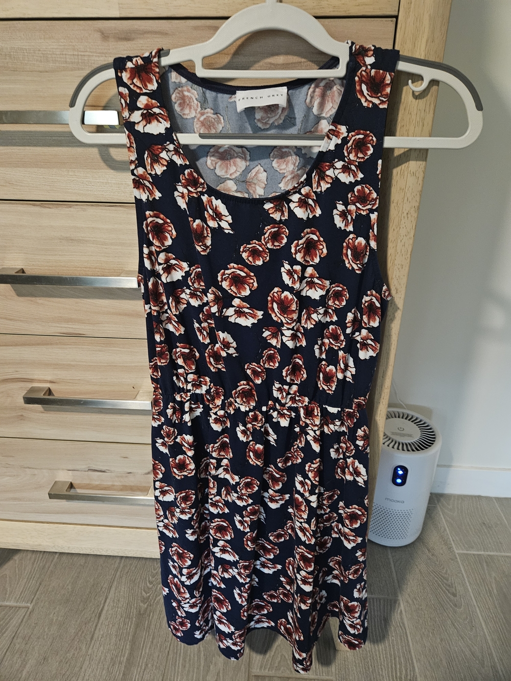 French Grey Navy Midi Dress with Red Rose Print